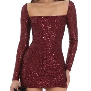Giulia Sequin Long Sleeve Dress in Maroon